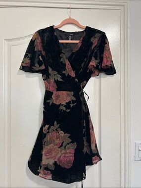 a new day Black Velvet Floral Wrap Mini Dress